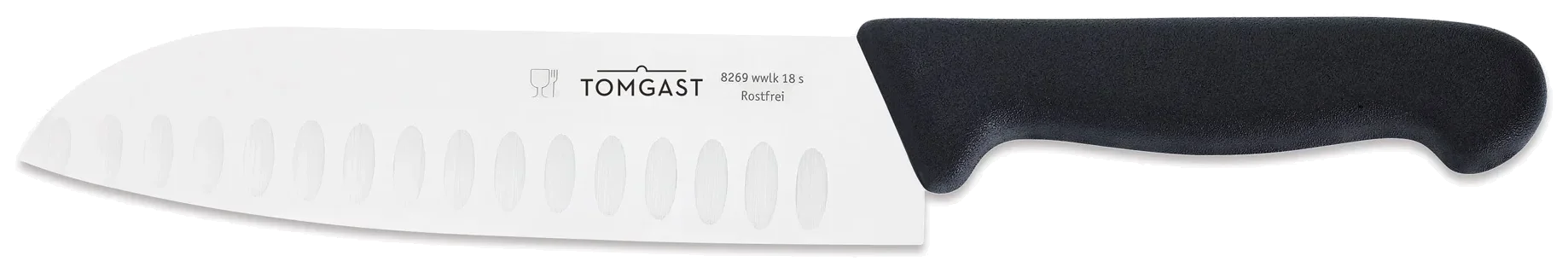 TOMGAST Černý nůž santoku s výbrusy, délka 18 cm